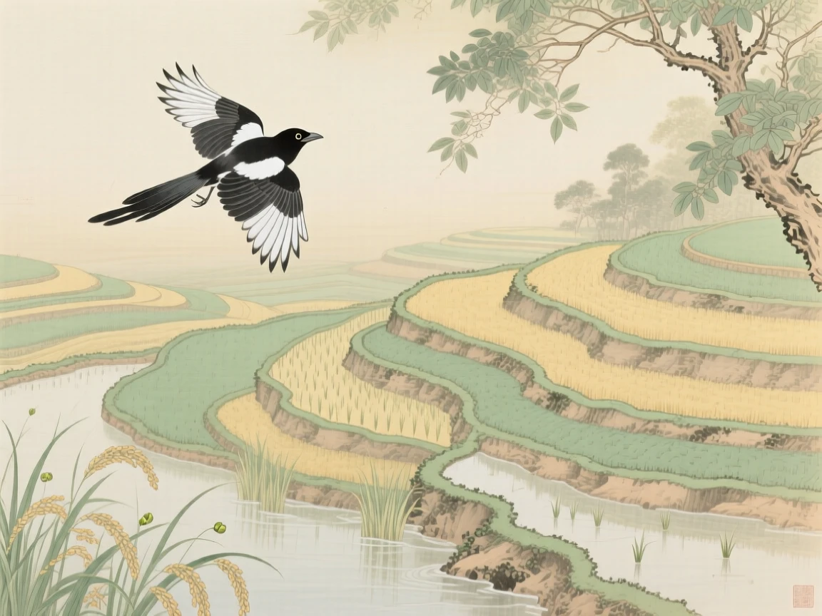 A magpie soaring above terraced rice paddies, soft morning light filtering through the branches