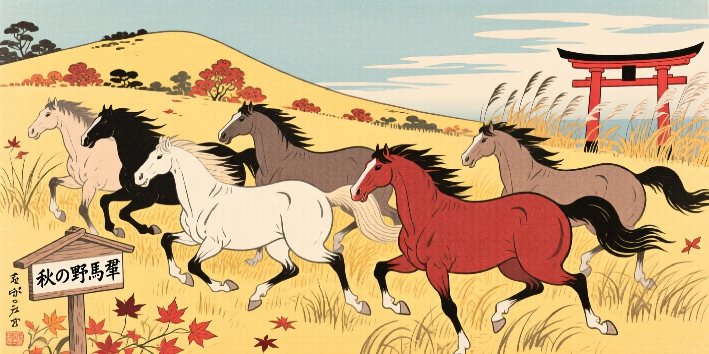 A herd of wild horses prowling through tall autumn grass.