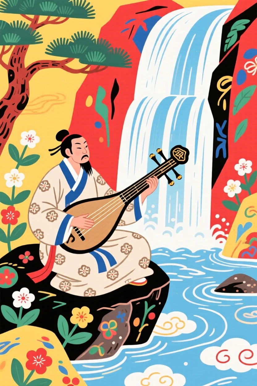 A folk healer playing a haunting melody on an ancient string instrument beside a waterfall, during a warm