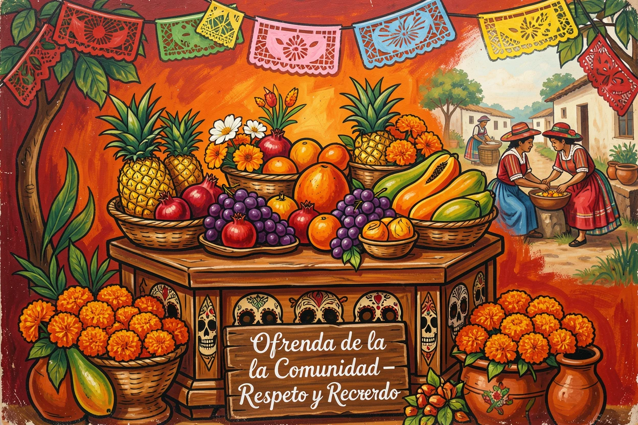 A quiet altar adorned with fruit and flower offerings