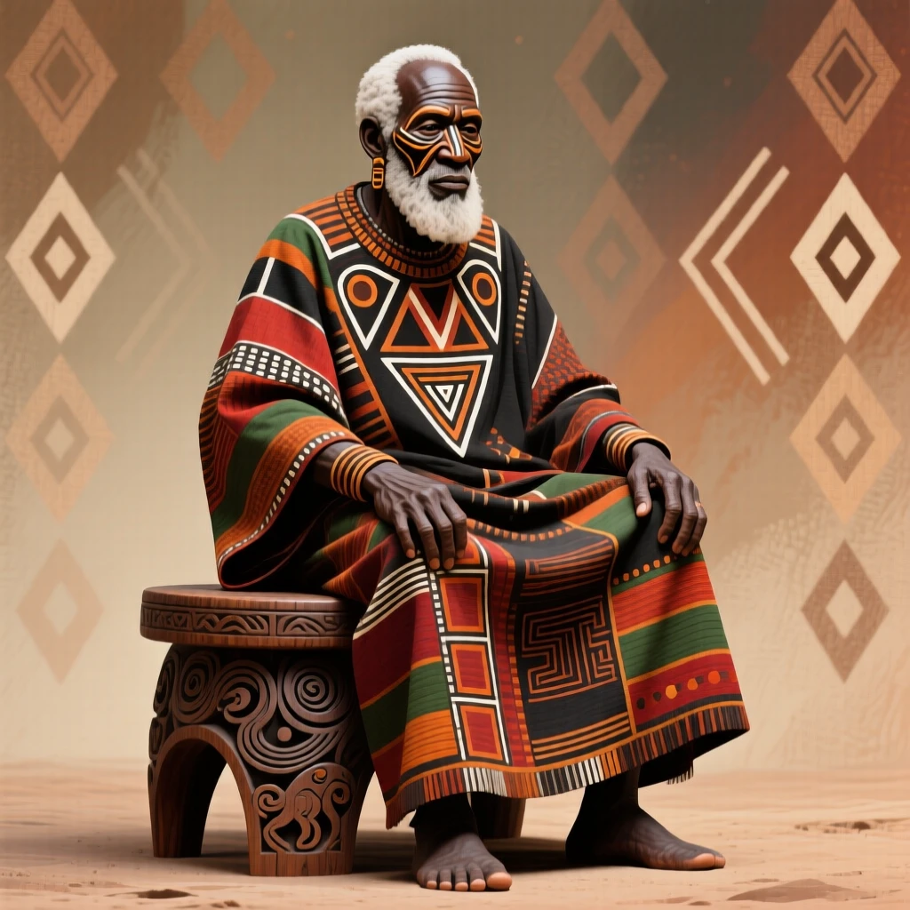 An elderly chief seated on a carved stool.