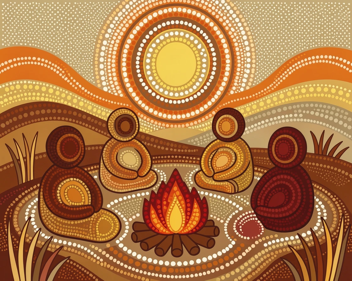 A family gathered around an evening campfire at sunrise