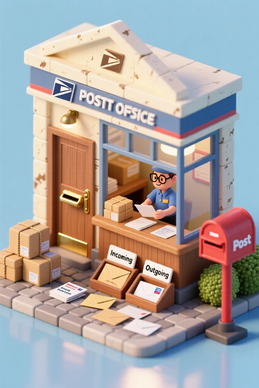 A charming post office with a brass mail slot, stacks of parcels waiting, and a clerk sorting letters behind a wooden counter.
