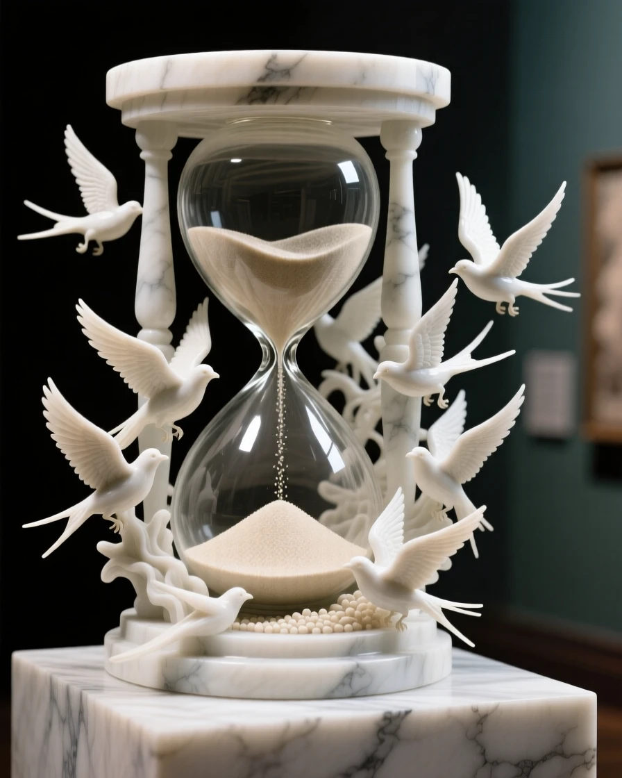 A striking, imaginative composition featuring an hourglass where falling sand becomes a flock of birds, blending realism with dreamlike wonder
