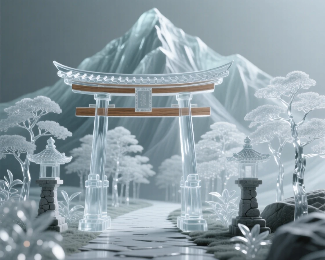 A temple gate standing at the entrance to a quiet forest path with mountains rising steeply behind the old stone walls