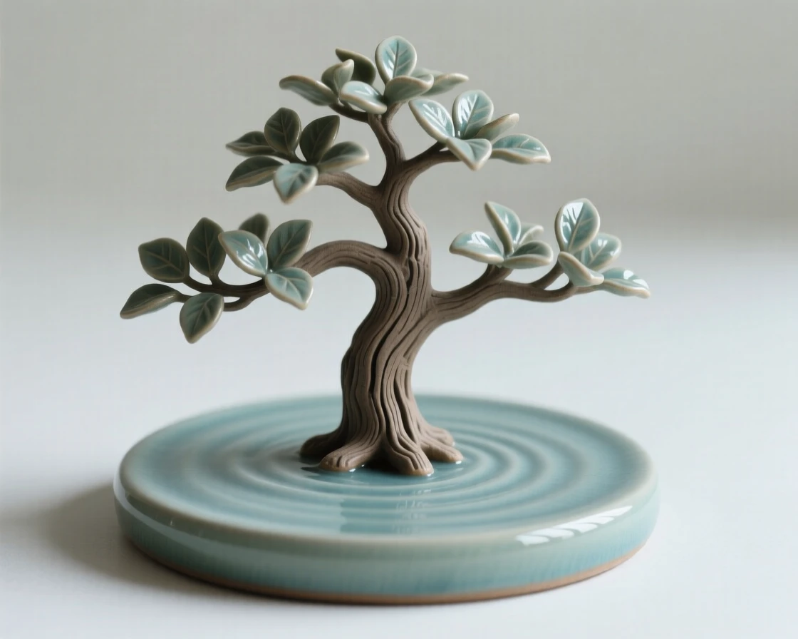 A bonsai tree shaped by patient hands resting delicately atop still water, its edges delicately curled and textured, evoking fragile beauty and quiet renewal.