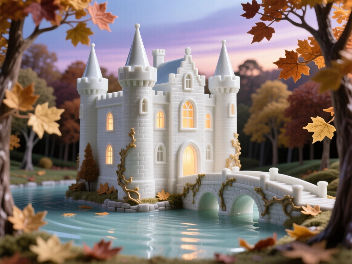 A moated castle surrounded by autumn forest, glowing warmly from within at dusk.
