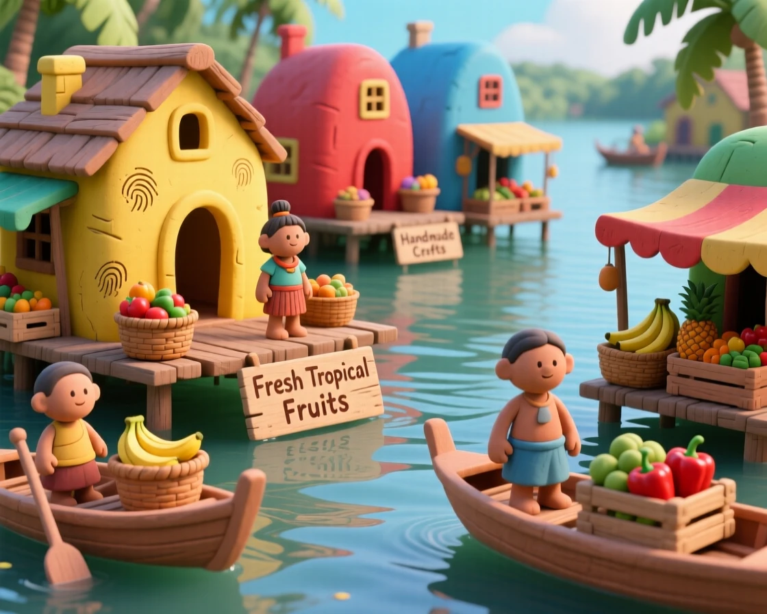 A colorful floating village market on a calm tropical river