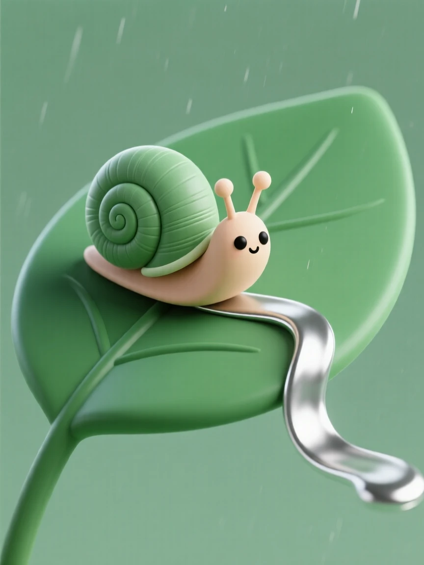 A curious snail leaves a glistening silver trail across a large green leaf after a rain shower.
