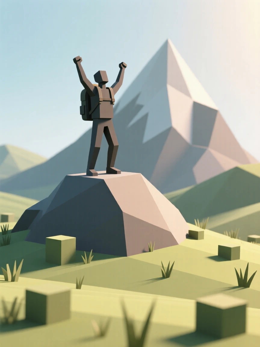 A hiker standing triumphantly on a mountain summit, in a quiet, sunlit meadow. fine details in expression bring the moment to life. The moment feels full of hope and possibility.
