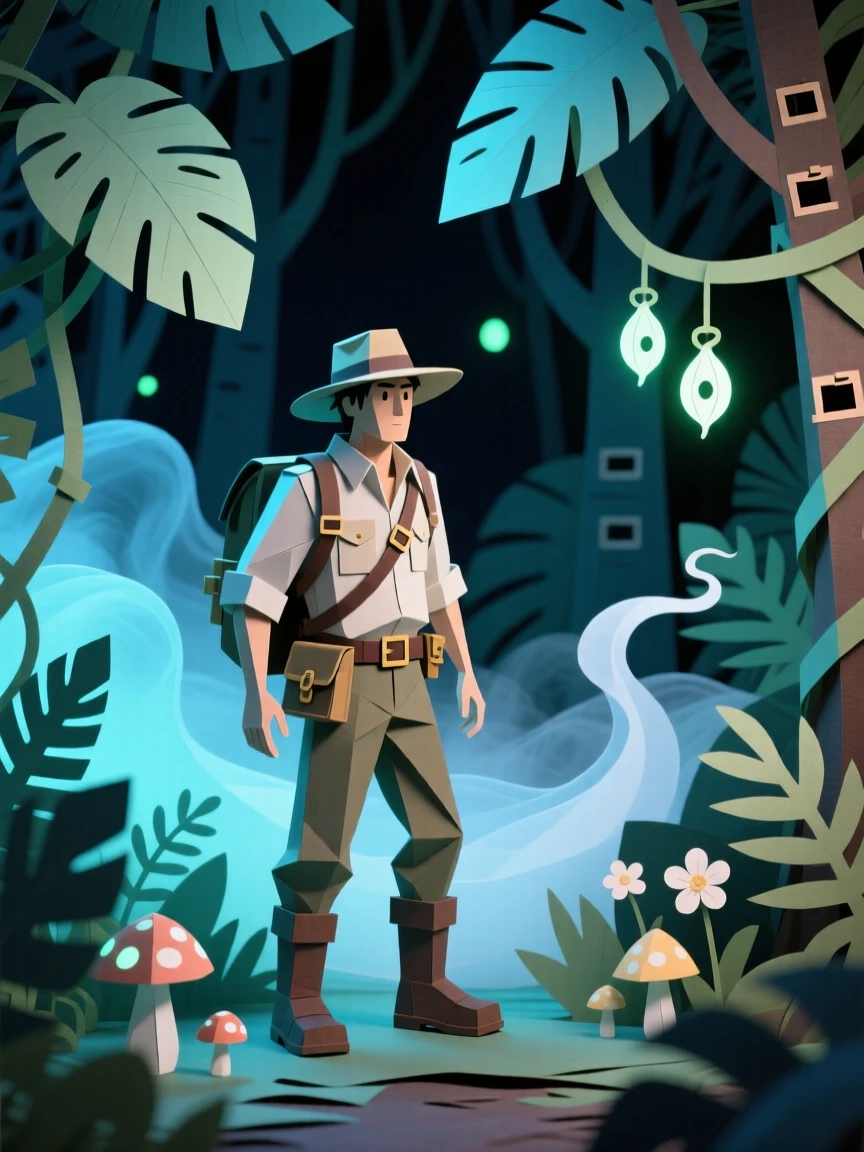 A rogue treasure hunter wandering through a bioluminescent jungle at night, with swirling mist wrapping around the scene, capturing epic scale and wonder.