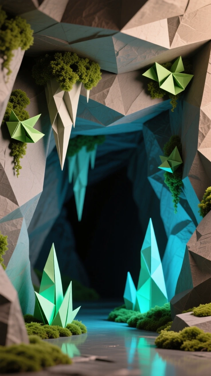 A hidden cave system where bioluminescent moss lines every wall and ceiling.