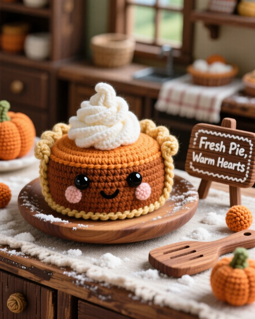 a round pumpkin pie slice, with a dollop of whipped cream, served on a rustic wooden plate, displayed in a cozy village bakery counter dusted with flour, with a rustic wooden serving board, radiating a cozy sense of shared treats.