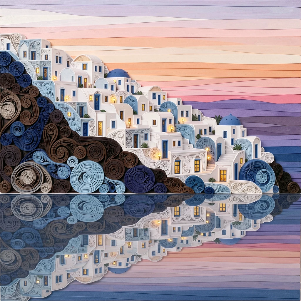 Santorini's white and blue buildings cascading down a cliff, beneath a sky painted in soft sunset gradients, shown reflected symmetrically in calm water below, with twinkling lights beginning to glow at dusk.
