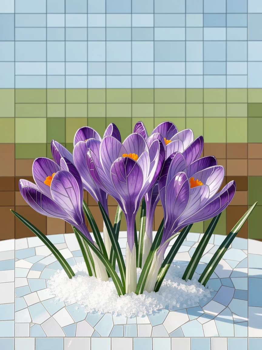 A close-up macro view of a meadow of purple crocuses pushing through late winter snow, showing intricate petal texture and delicate detail.