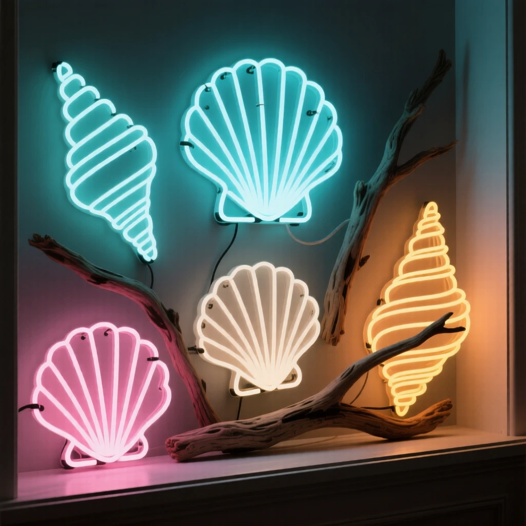 A collection of seashells and driftwood arranged on a windowsill.