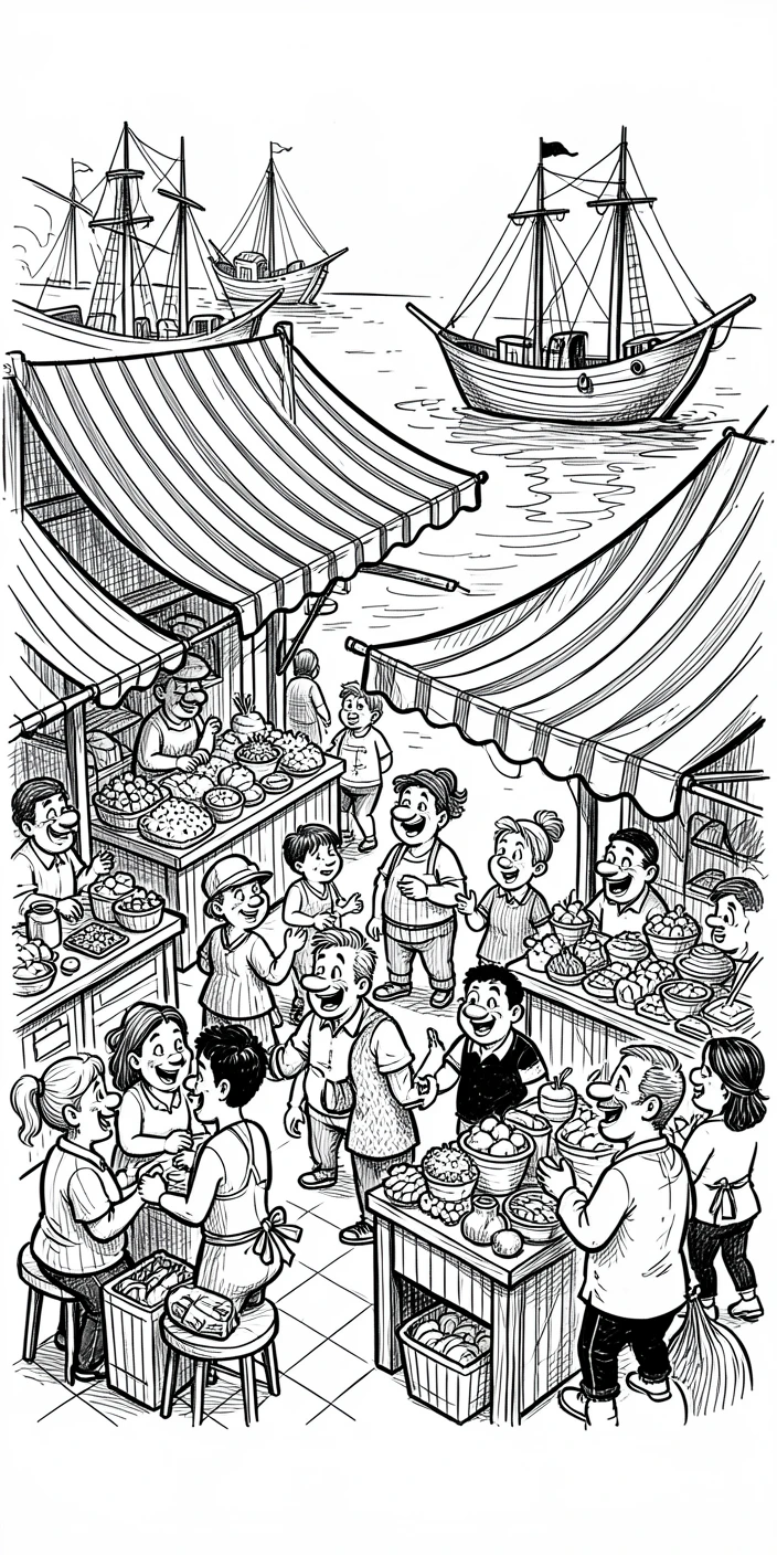 A bustling street market with striped awnings beside a bustling harbor.