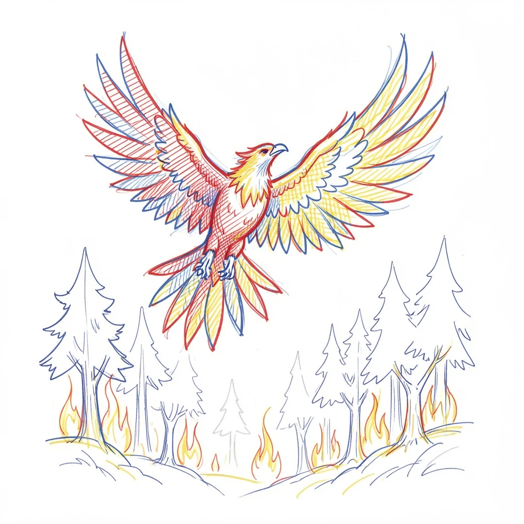 A phoenix soaring over a burning yet unspoiled ancient forest