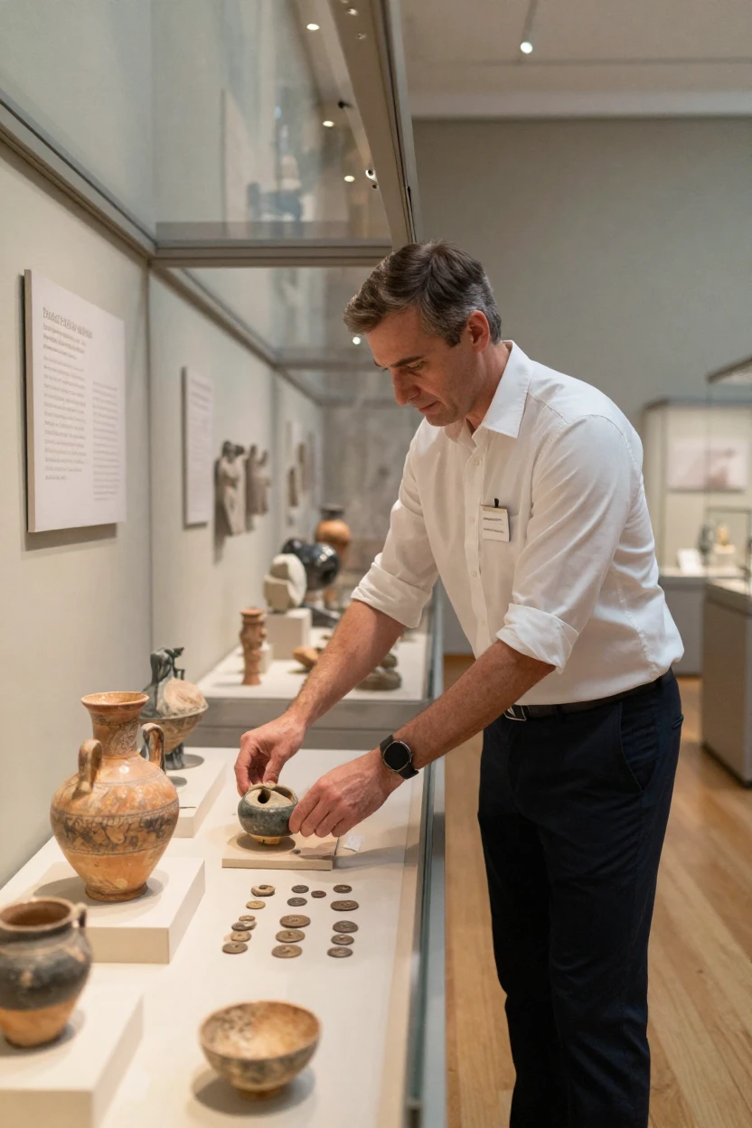 A museum curator arranging artifacts in a glass display case