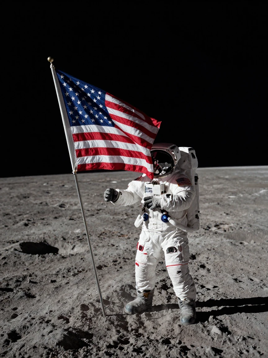 An astronaut planting a flag on the dusty grey surface of the moon