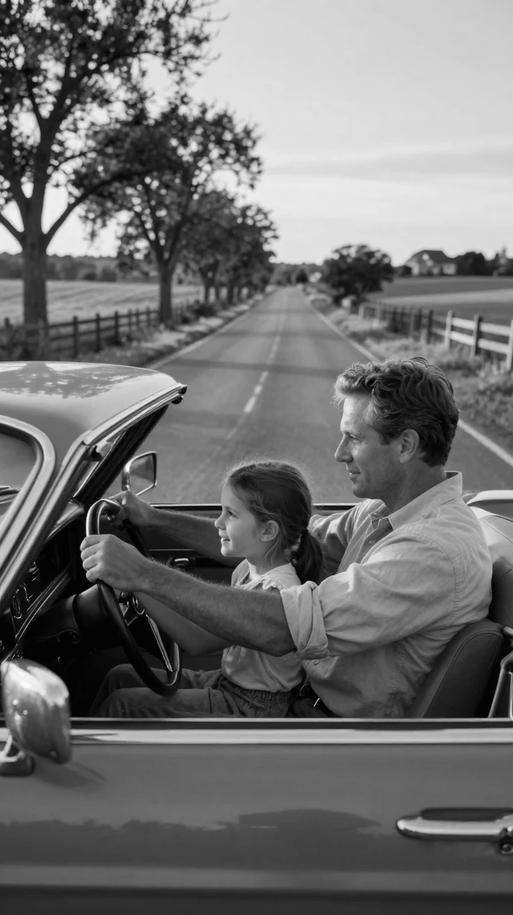 A father teaches his daughter to drive on an empty road along an empty country road.