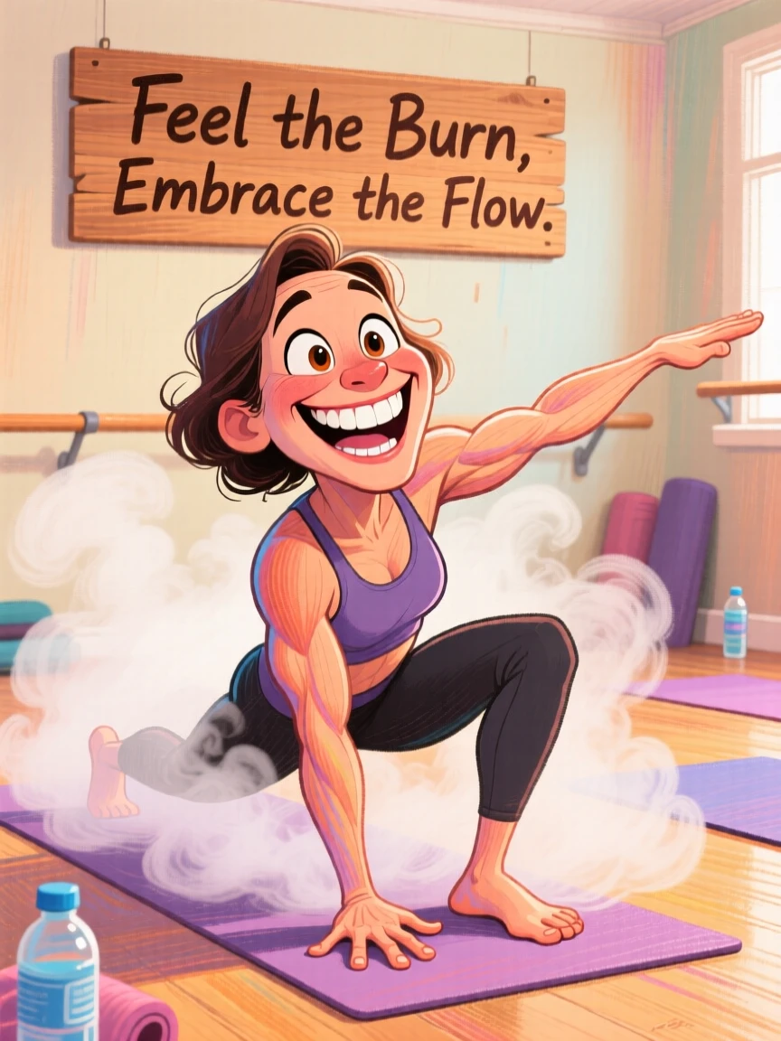 A hot yoga instructor demonstrating a challenging pose in a steamy studio.