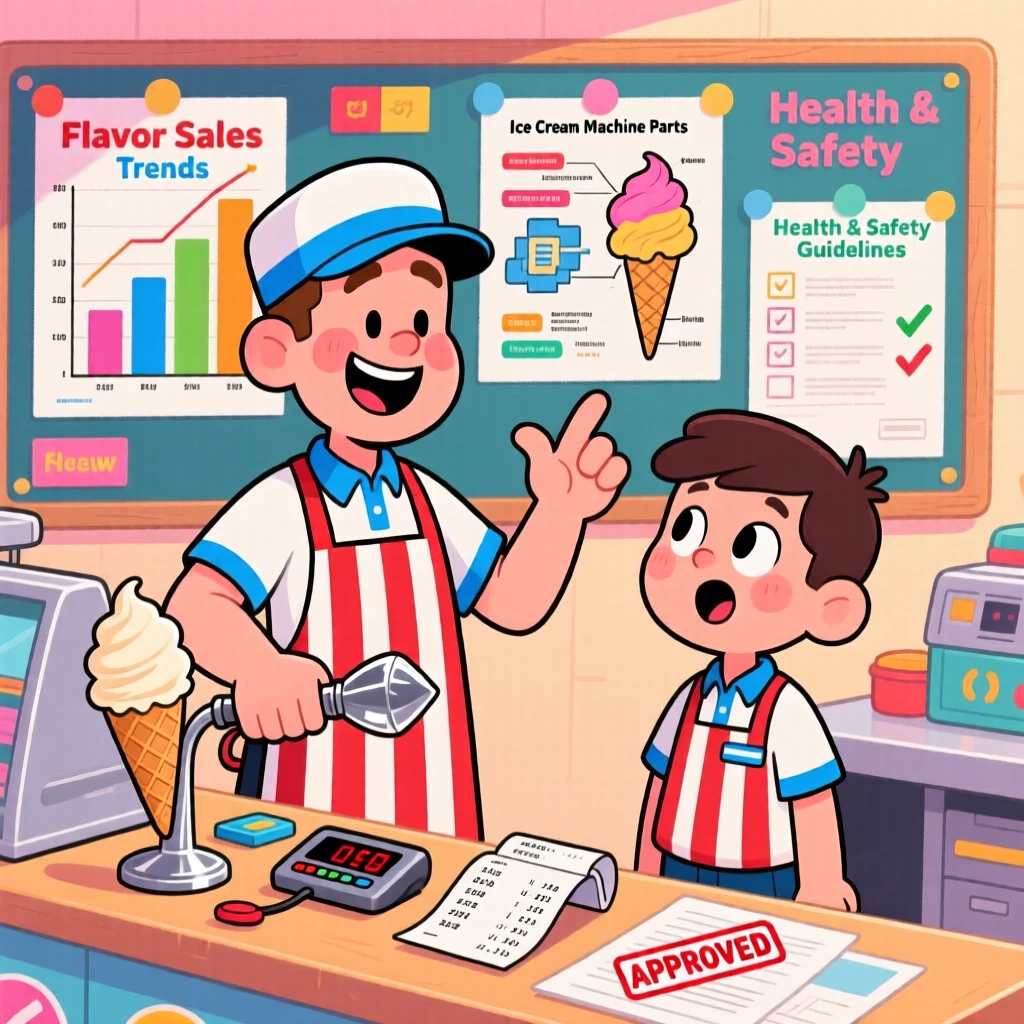 A vibrant profession-themed portrait of a cheerful ice cream vendor training a wide-eyed new recruit, surrounded by charts, gadgets, and paperwork.