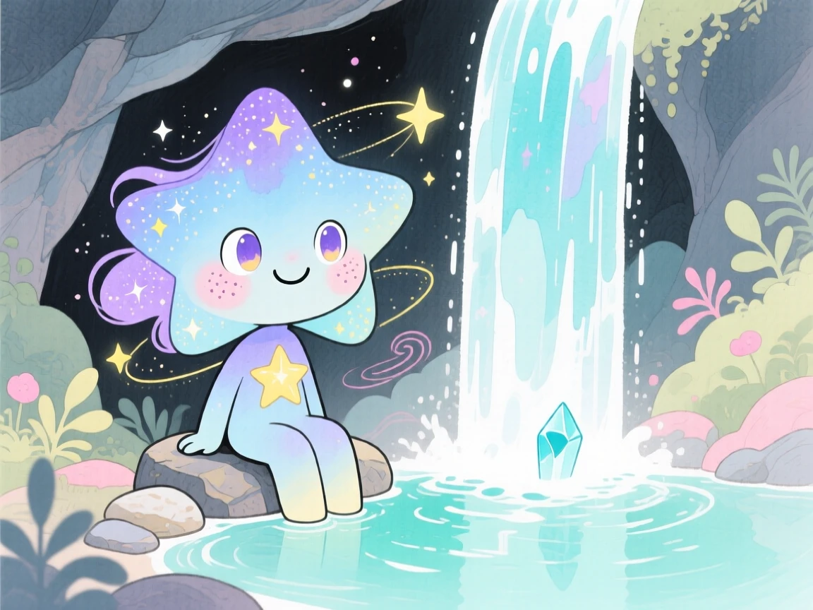 A cosmic star-spirit sitting beside a crystal-clear waterfall in a hidden grotto
