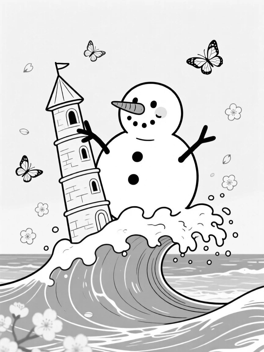 A snowman with a crooked carrot nose and lopsided grin, patting the final crooked tower proudly into place, set on a churning ocean wave. Butterflies drift lazily between the blossoms. The image feels like a breath of fresh outdoor air.