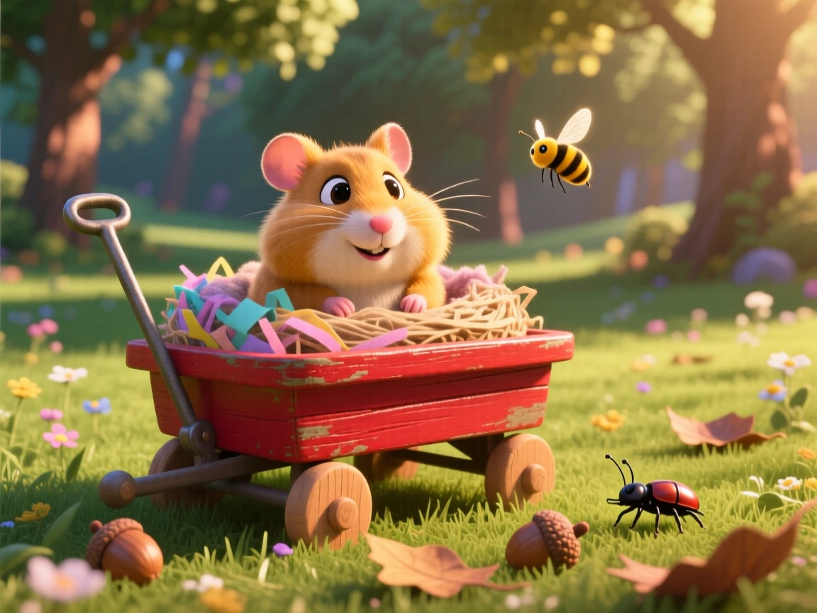 A golden hamster is riding in a small red wagon, burrowing into a cozy nest. Innocent curiosity shines through the moment, with a faint smile-like expression.