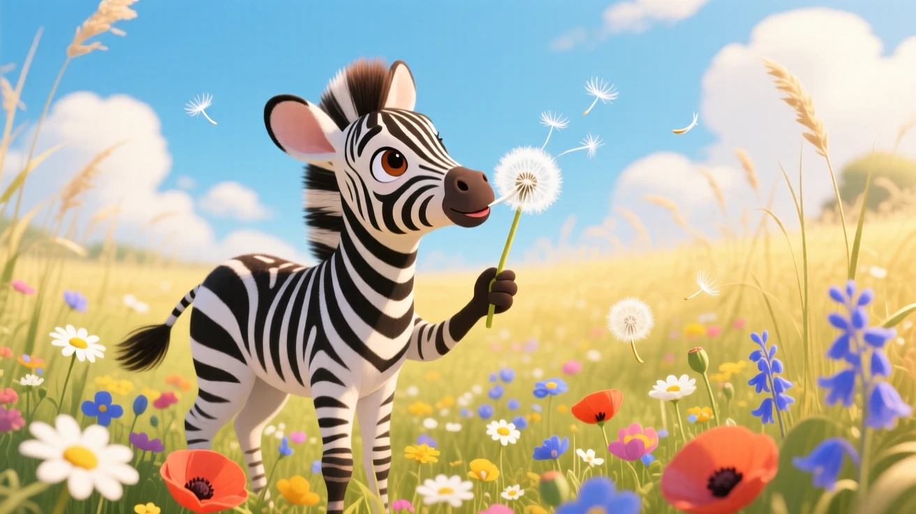 A stripy zebra foal pauses from making a wish on a dandelion to look up in a field of wildflowers, with petals drifting gently down.