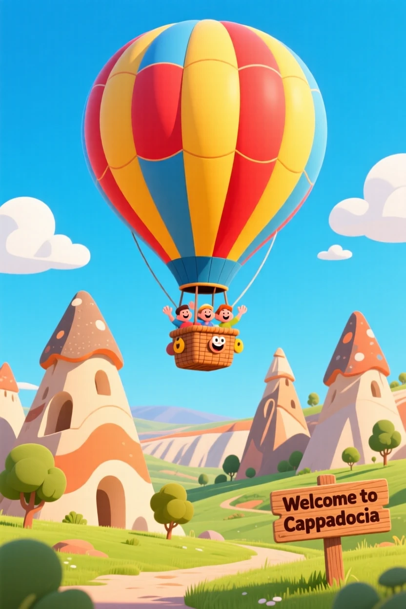 A hot air balloon floating over the fairy chimneys of Cappadocia.
