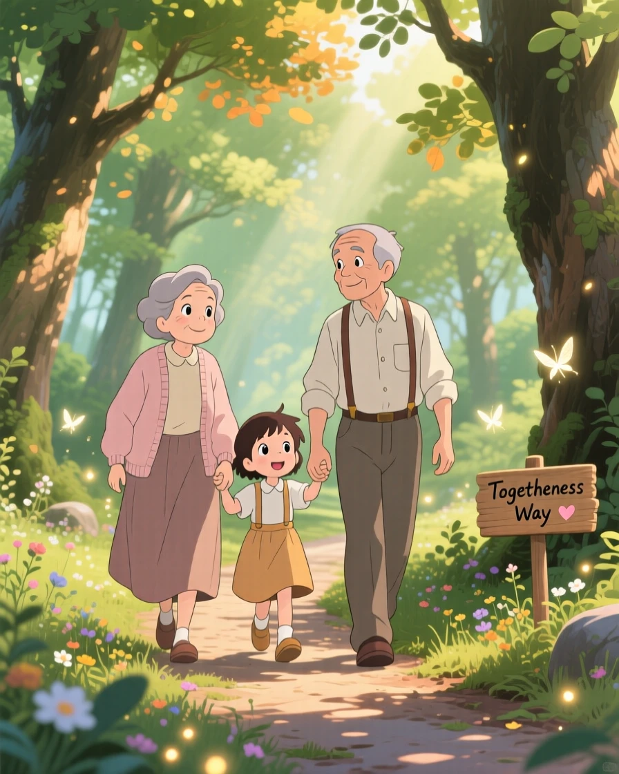 Grandparents walking hand in hand with their grandchildren, the scene glowing with togetherness.