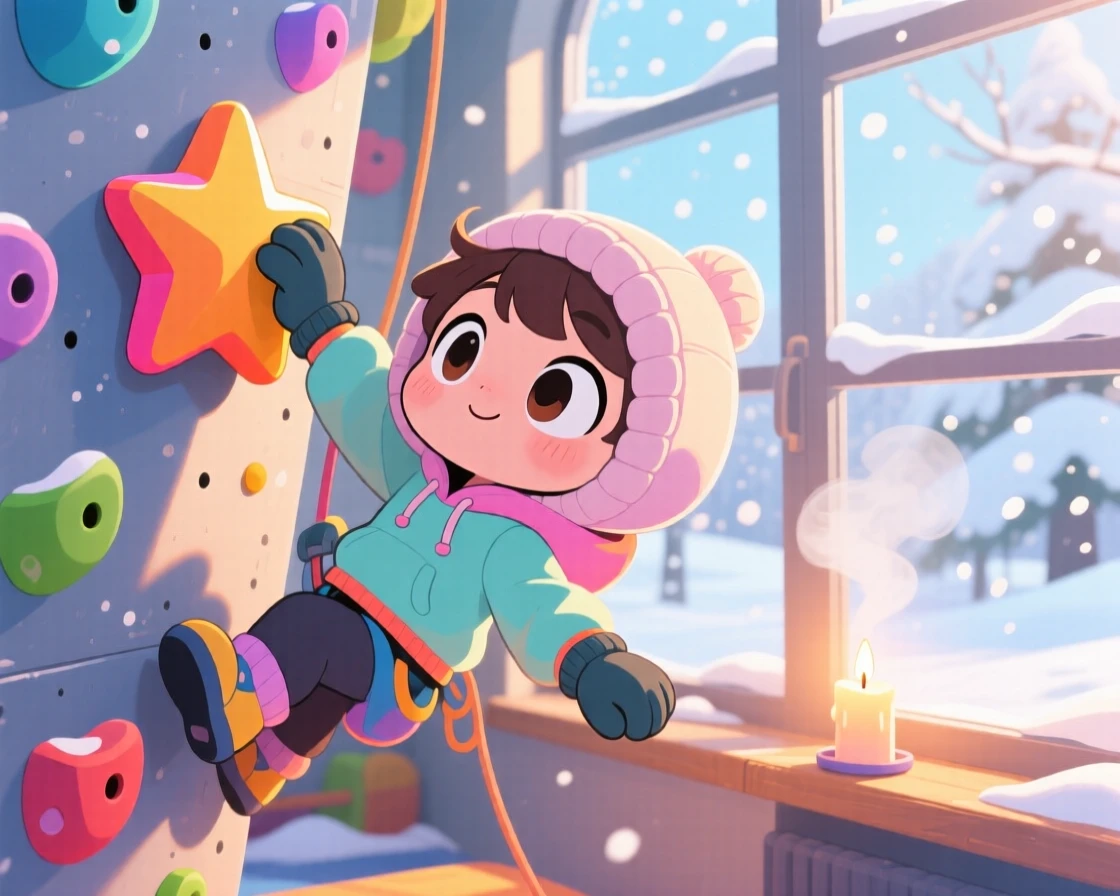 A young rock climber reaching for a colorful climbing hold, framed as a dynamic diagonal composition within a sunny climbing gym, during a cozy winter snowfall, glowing under gentle candlelight, evoking eager anticipation.