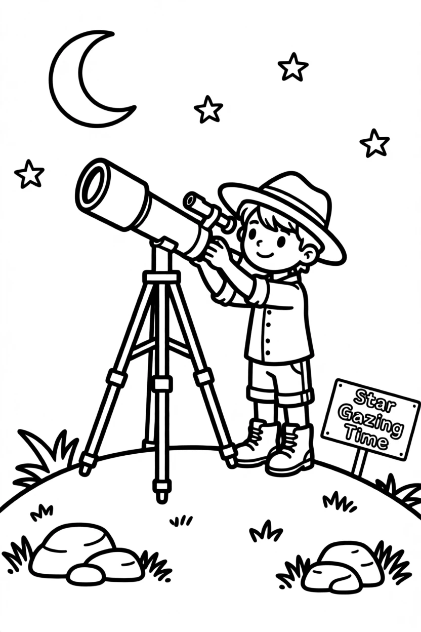 An explorer setting up a telescope on a hilltop at night