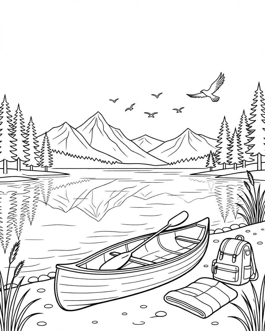 A canoe resting on the shore of a still mountain lake, with birds circling high above the treetops.