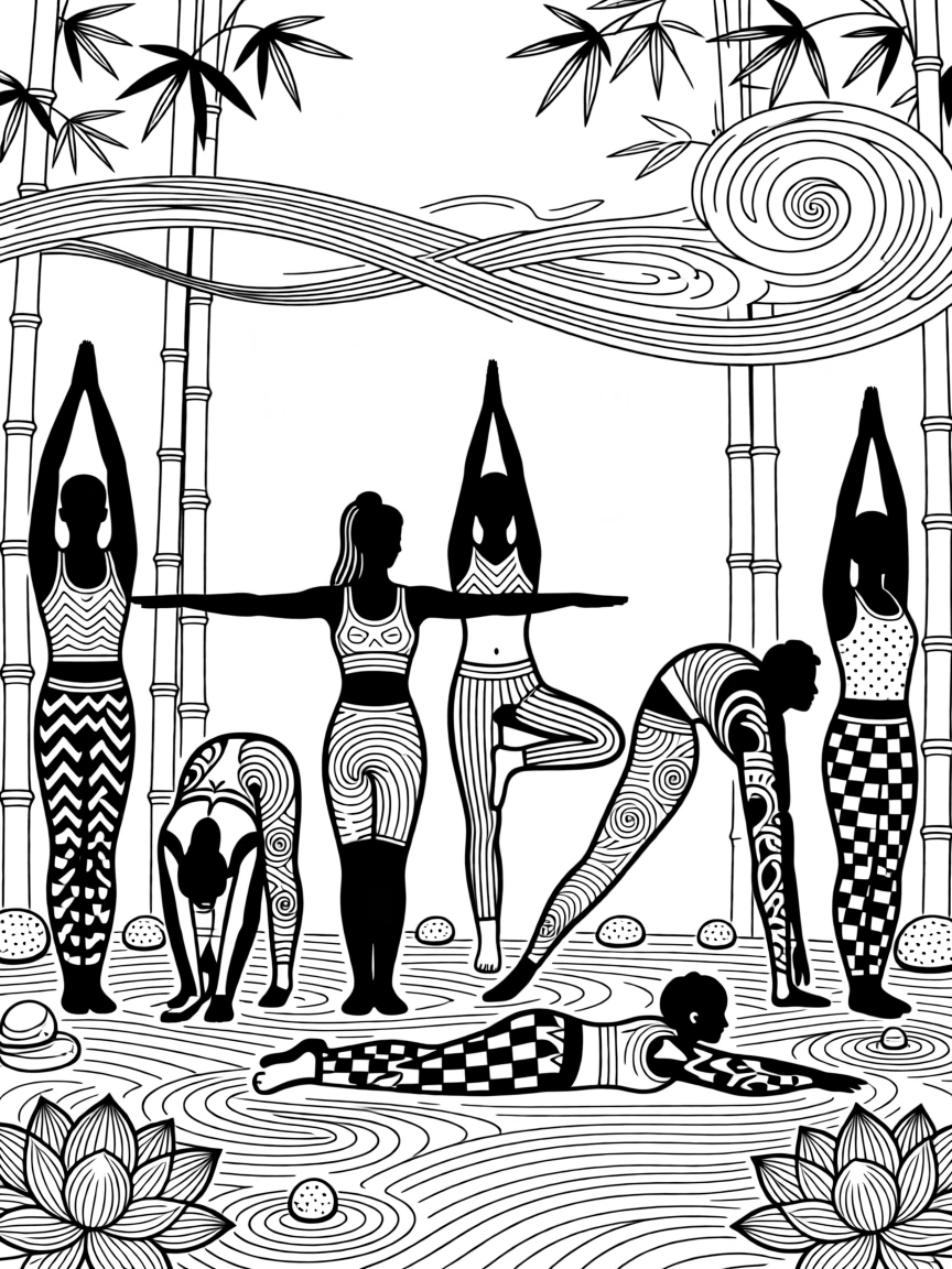A yoga pose sequence displayed as a flowing chain of silhouettes.