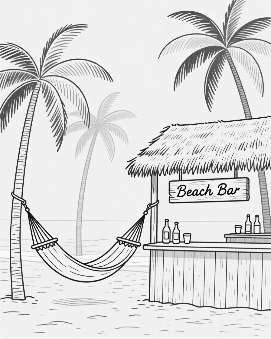 A tropical beach bar with hammocks strung between palm trees