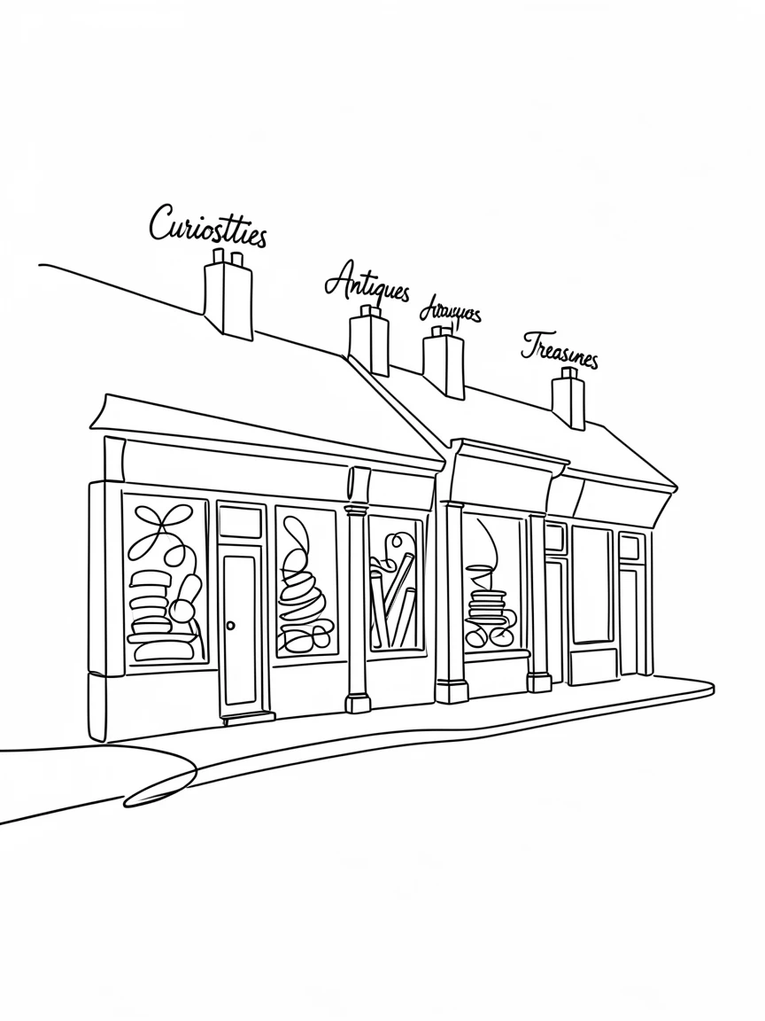 A row of antique shops with cluttered window displays on a quiet lane