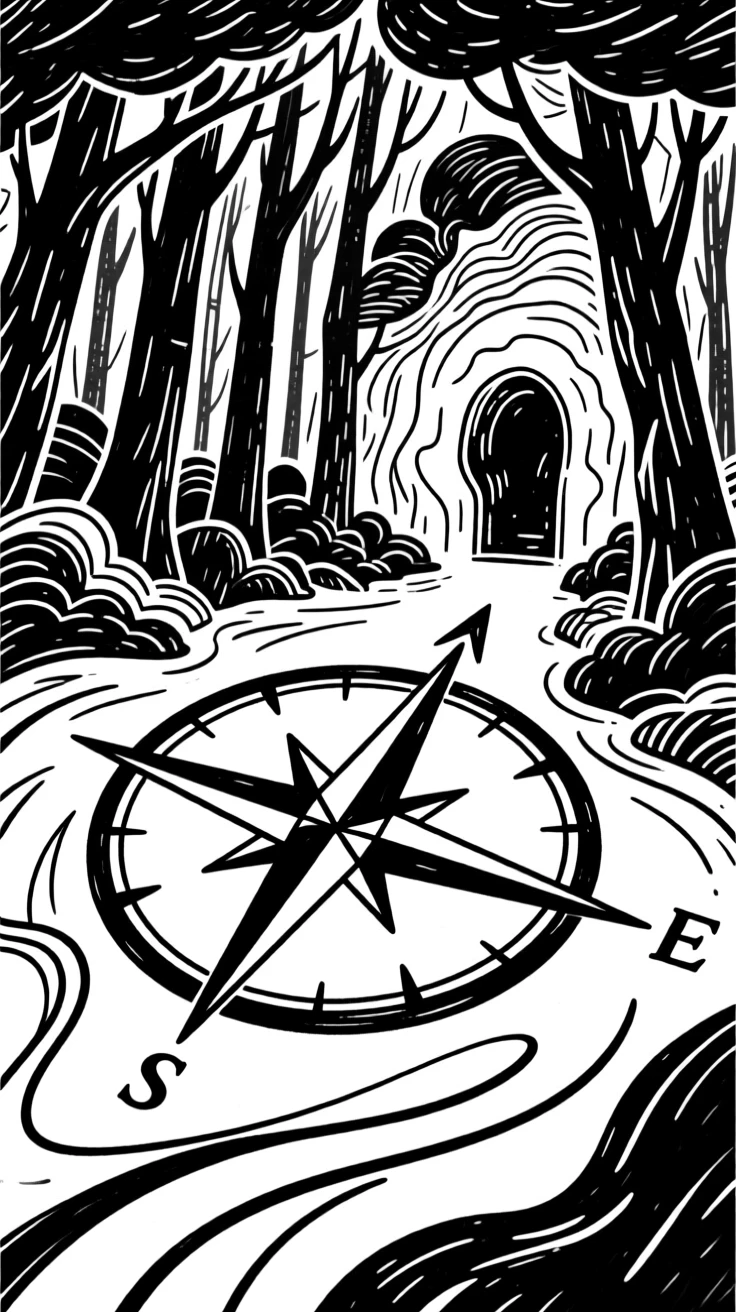 A magical compass pointing toward a glowing portal in a dense forest.