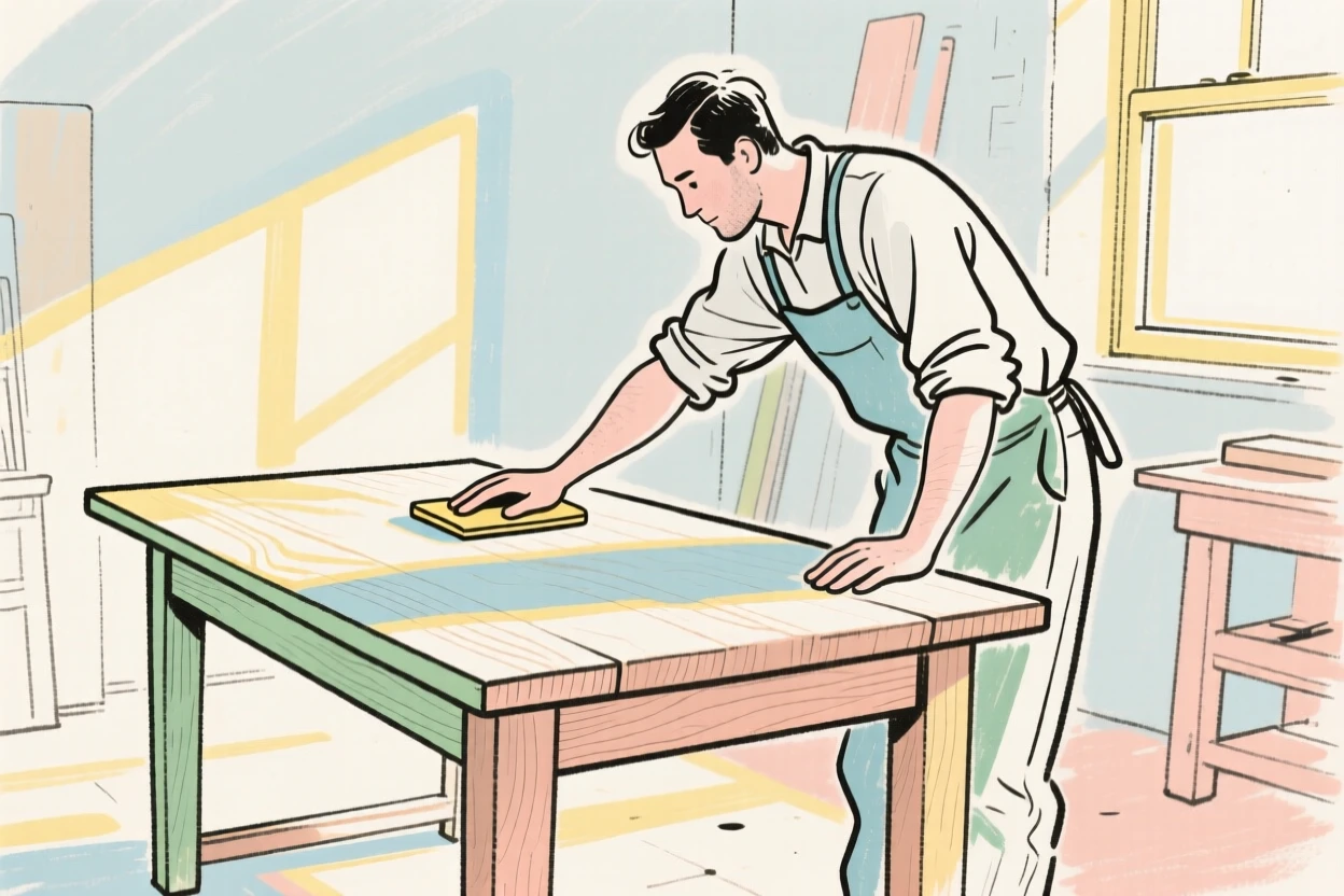 A carpenter sanding a wooden table in a sunlit workshop.