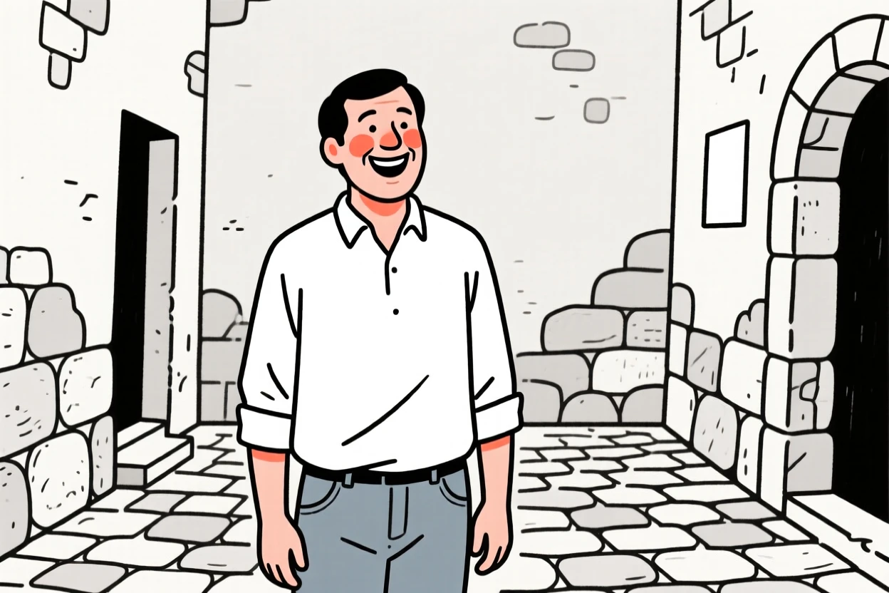 A father of Iranian heritage in a crisp white shirt and jeans, laughing joyfully, in an old stone courtyard.