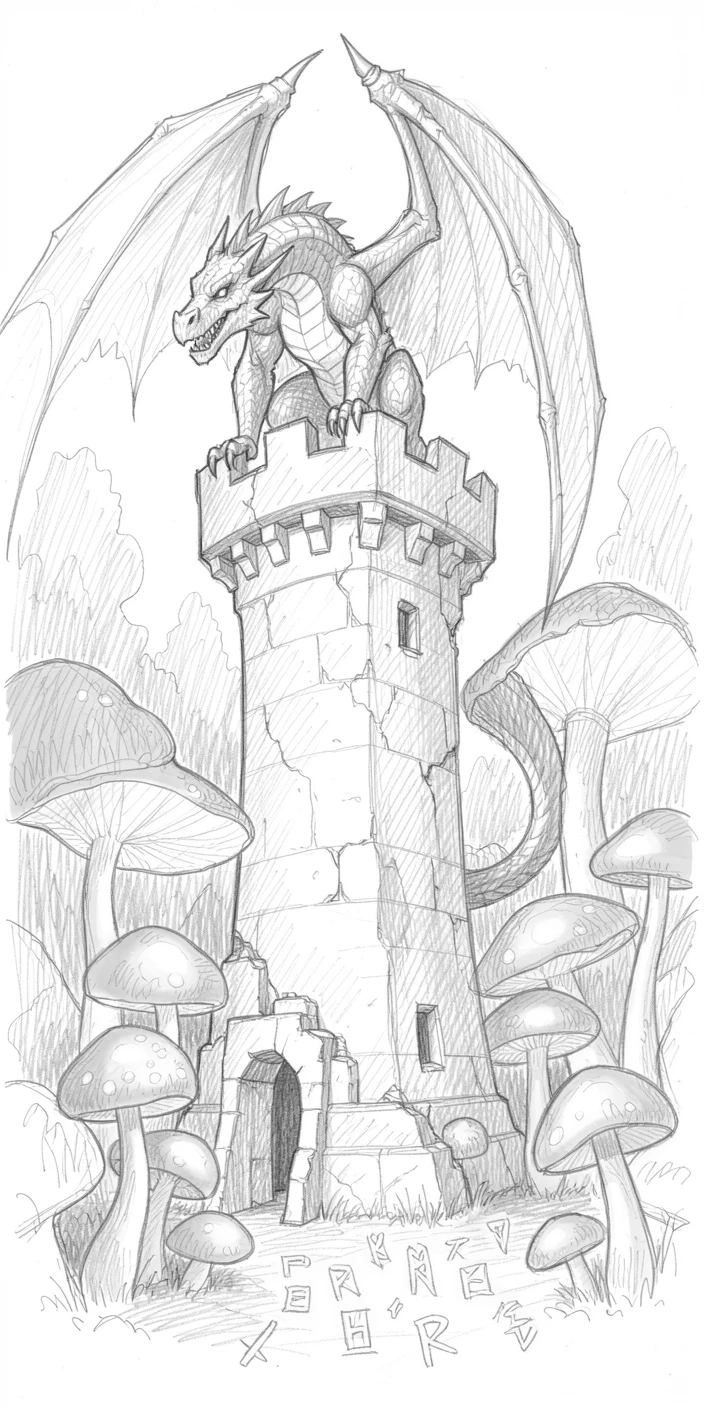 A majestic dragon perched atop a crumbling tower, within a forest of glowing mushrooms, with ancient runes glowing faintly on the ground.