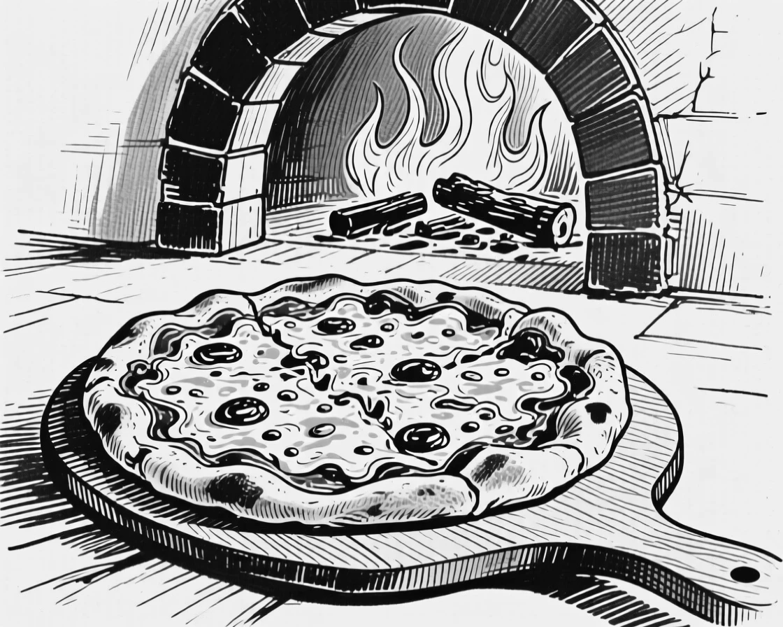 A rustic pizza fresh from a wood-fired oven, cheese still bubbling.