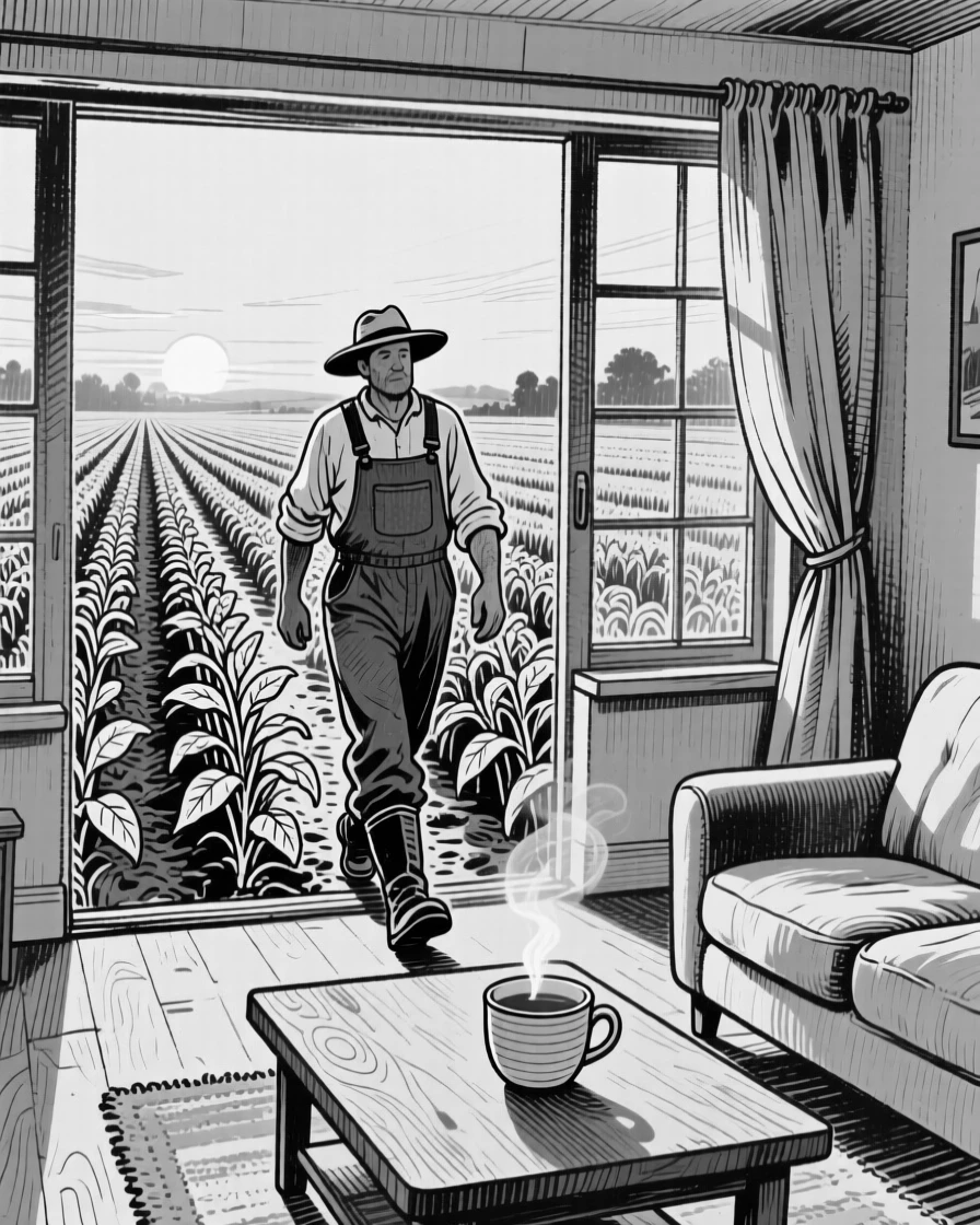 A farmer walking through rows of crops at dawn within a warmly lit living room, with a cup of tea resting close by, creating a tender and sincere lifestyle scene.