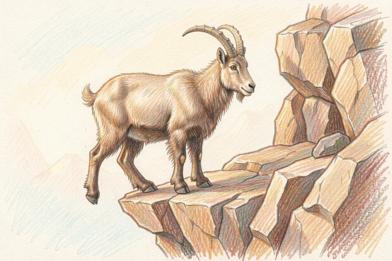A mountain goat balancing gracefully on a rocky cliff edge, with soft, natural light bringing warmth to every detail, radiating comfort, joy, and quiet beauty.
