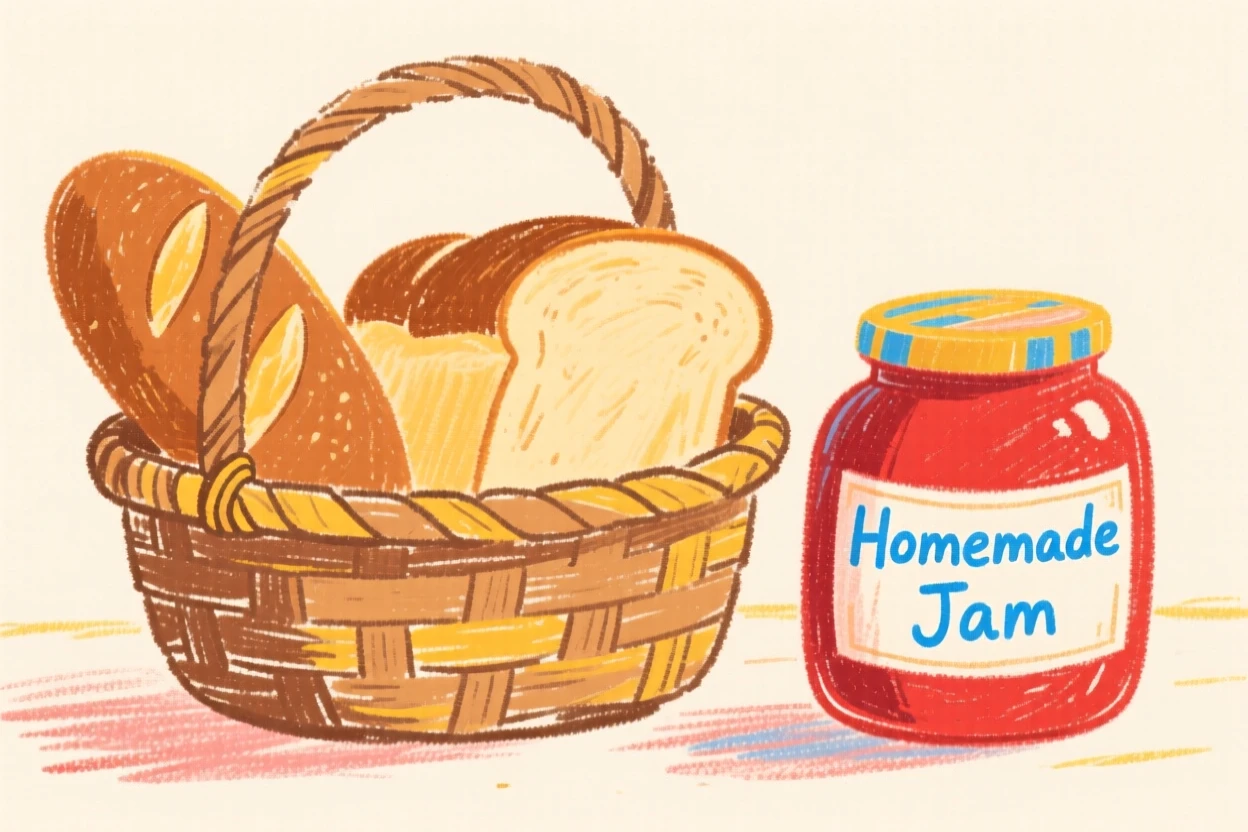 A basket of freshly baked bread beside a jar of homemade jam.