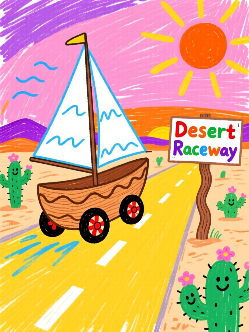 A classic wooden sailboat racing along a desert highway at sunrise.