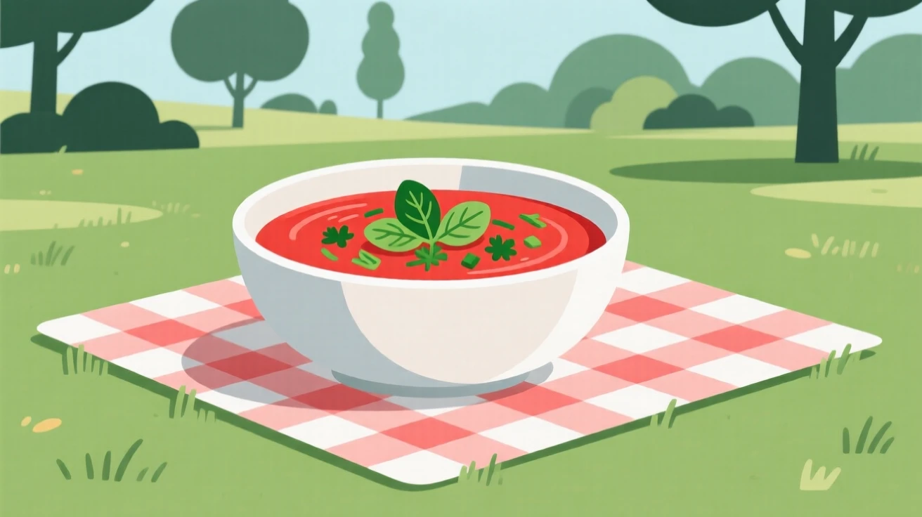 A bowl of vibrant gazpacho garnished with fresh herbs, arranged on a picnic blanket in a park, arranged with elegant simplicity and clean lines, with a joyful, celebratory feel.