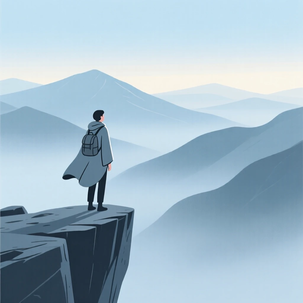 A traveler standing at the edge of a cliff overlooking a misty mountain range.